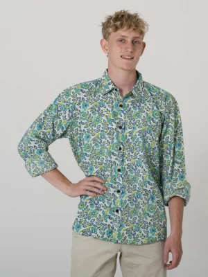 Aqua Cascade - Men's Floral Indian Cotton Shirt