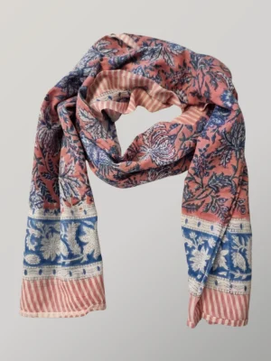 Berry Blue hand block printed cotton scarf loosely knotted and styled as a lightweight scarf