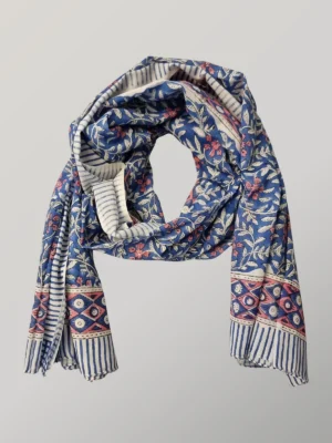 Berry Denim hand block printed cotton scarf loosely knotted and styled as a lightweight scarf