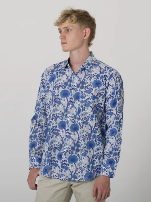 Blue Botanica- Men's Floral Indian Cotton Shirt