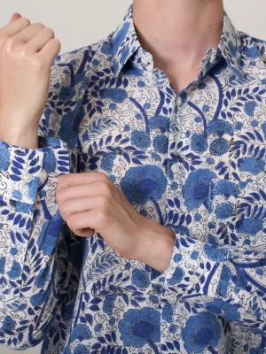Blue Botanica- Men's Floral Indian Cotton Shirt - arms
