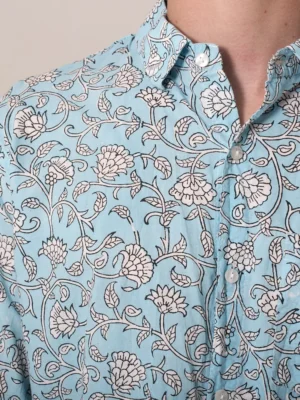 Blue Breeze - - Men's Floral Indian Cotton Shirt - neckline