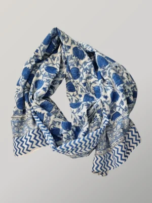 Blue Crush hand block printed cotton scarf loosely knotted and styled as a lightweight scarf