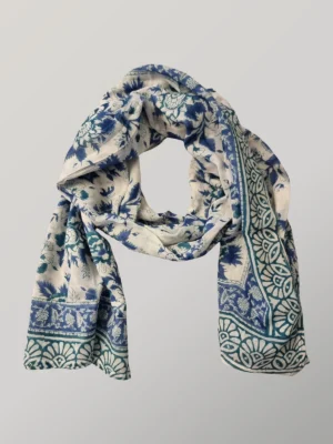 Blue Lagoon hand block printed cotton scarf loosely knotted and styled as a lightweight scarf
