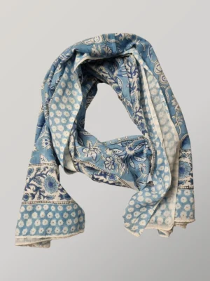 Bluebell hand block printed cotton scarf loosely knotted and styled as a lightweight scarf