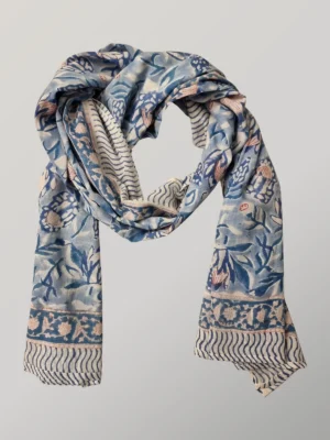 Blueberry Cream hand block printed cotton scarf loosely knotted and styled as a lightweight scarf