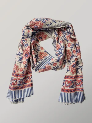 Cherry China hand block printed cotton scarf loosely knotted and styled as a lightweight scarf