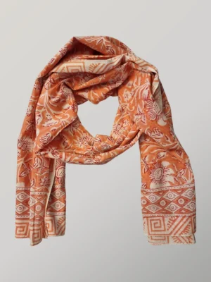 Coral Crush hand block printed cotton scarf loosely knotted and styled as a lightweight scarf