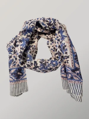 Indigo Ink hand block printed cotton scarf loosely knotted and styled as a lightweight scarf