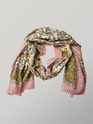 Mango Chutney hand block printed cotton scarf loosely knotted and styled as a lightweight scarf