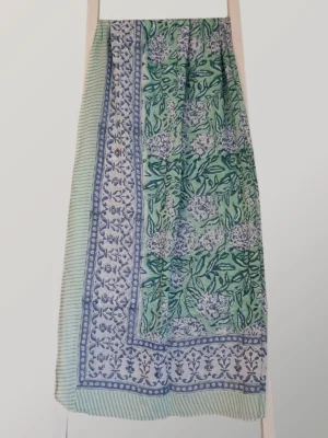 Mint Condition cotton sarong hanging full length, showing its mint green, navy and white floral print