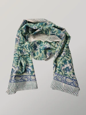 Mint Julep hand block printed cotton scarf loosely knotted and styled as a lightweight scarf