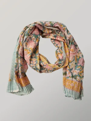 Peach Melba hand block printed cotton scarf loosely knotted and styled as a lightweight scarf