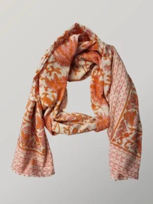 Pink Grapefruit hand block printed cotton scarf loosely knotted and styled as a lightweight scarf