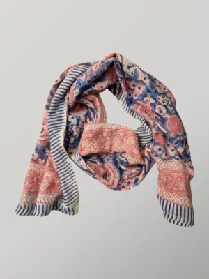 Turkish Delight hand block printed cotton scarf loosely knotted and styled as a lightweight scarf