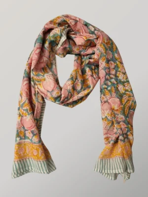 Tutti Frutti hand block printed cotton scarf loosely knotted and styled as a lightweight scarf